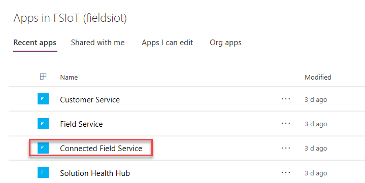 Screenshot of Recent apps with Connected Field Service highlighted.