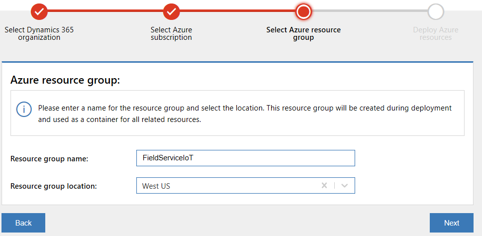 Screenshot of FieldServiceIoT as Resource Group Name, selection of Group Location and Next button.