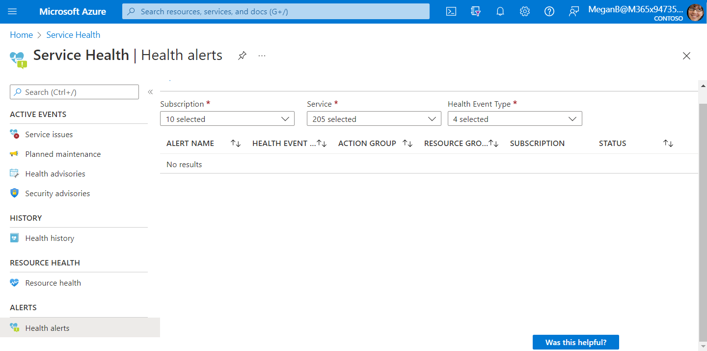 Screenshot that shows how to create a new service health alert.