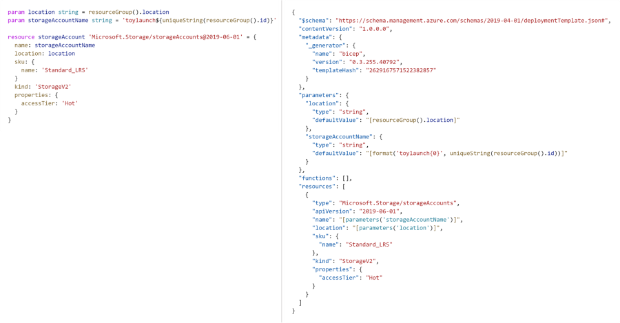 Screenshot that compares Bicep code on the left and the corresponding JSON code on the right.