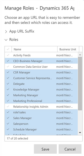 Screenshot showing the list of roles in Manage Roles