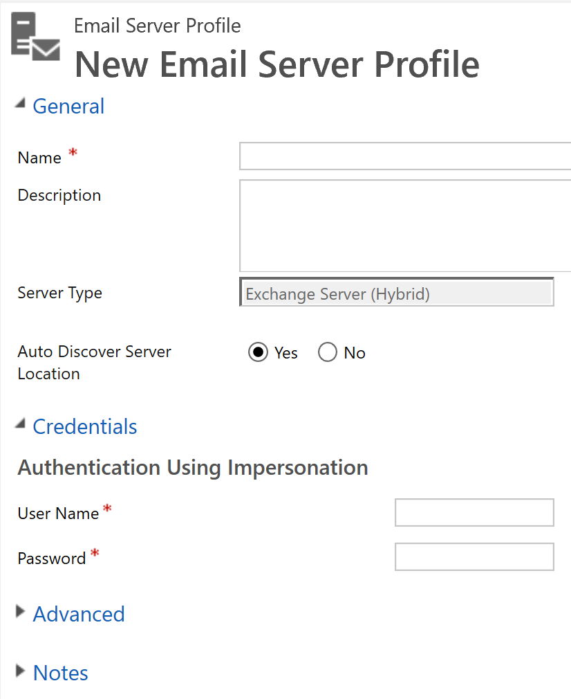 Screenshot showing the Create new Email Server Profile form