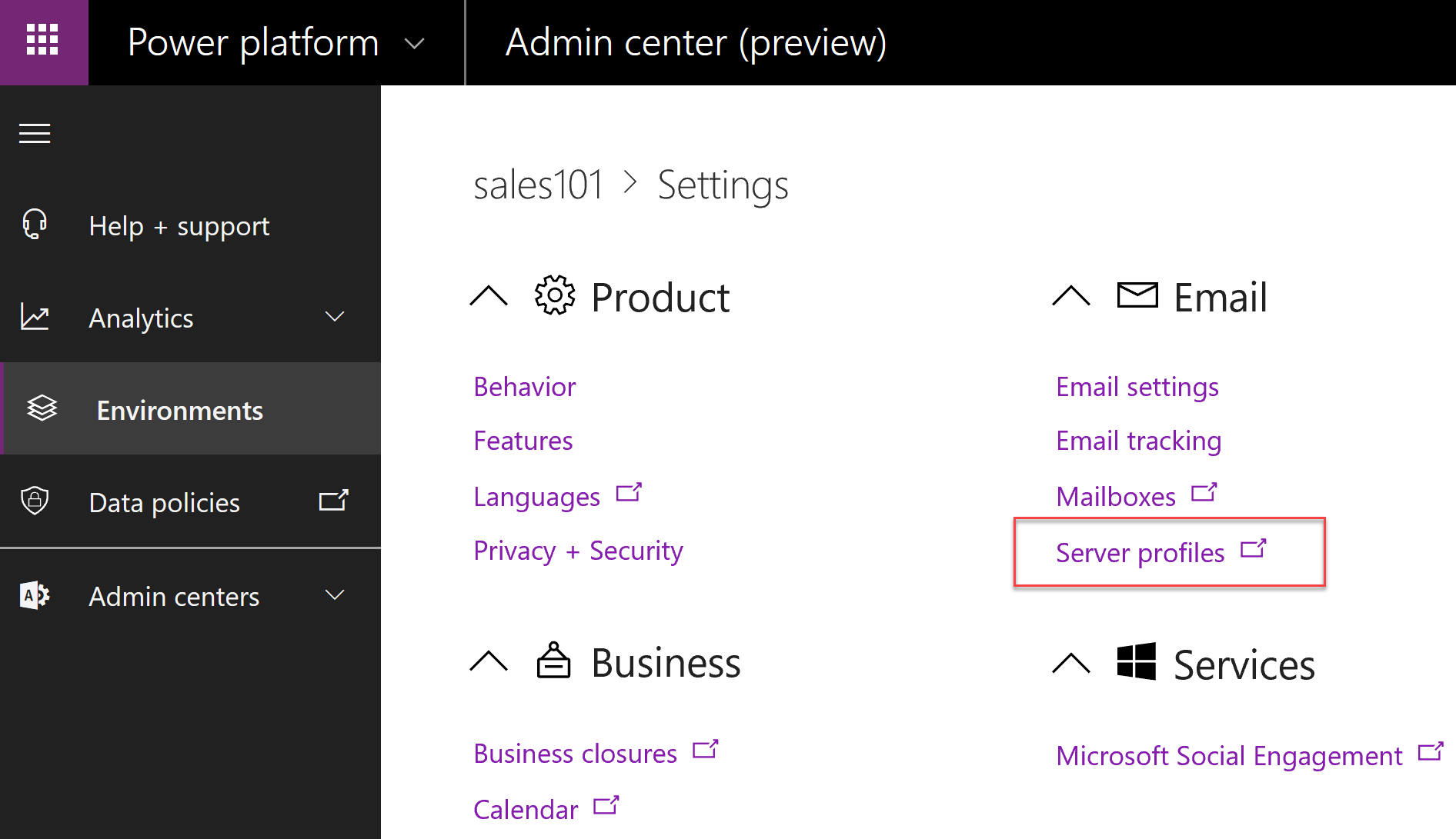 Screenshot showing Microsoft Power Platform Admin Center and selecting server profiles