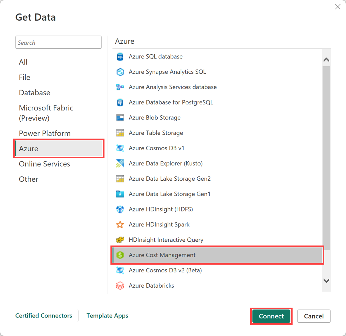 Screenshot showing Connect to Microsoft Cost Management in Power BI Desktop.