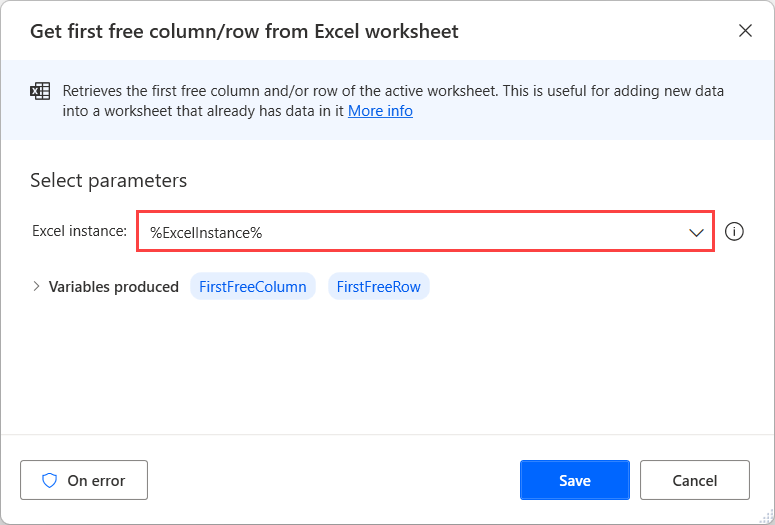 Screenshot of the Power Automate for desktop Get first free column/row from Excel worksheet action.