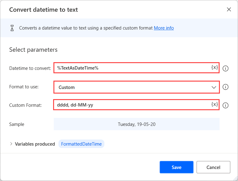 Screenshot of the Power Automate for desktop Convert datetime to text action.