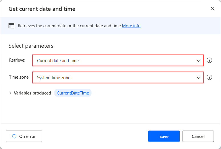 Screenshot of the Power Automate for desktop Get current date and time parameters.
