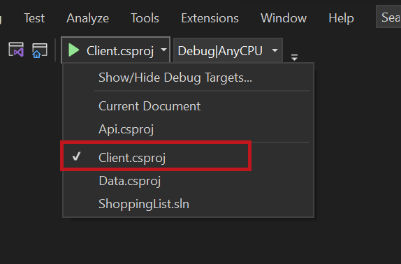 Screenshot showing the client project selected.