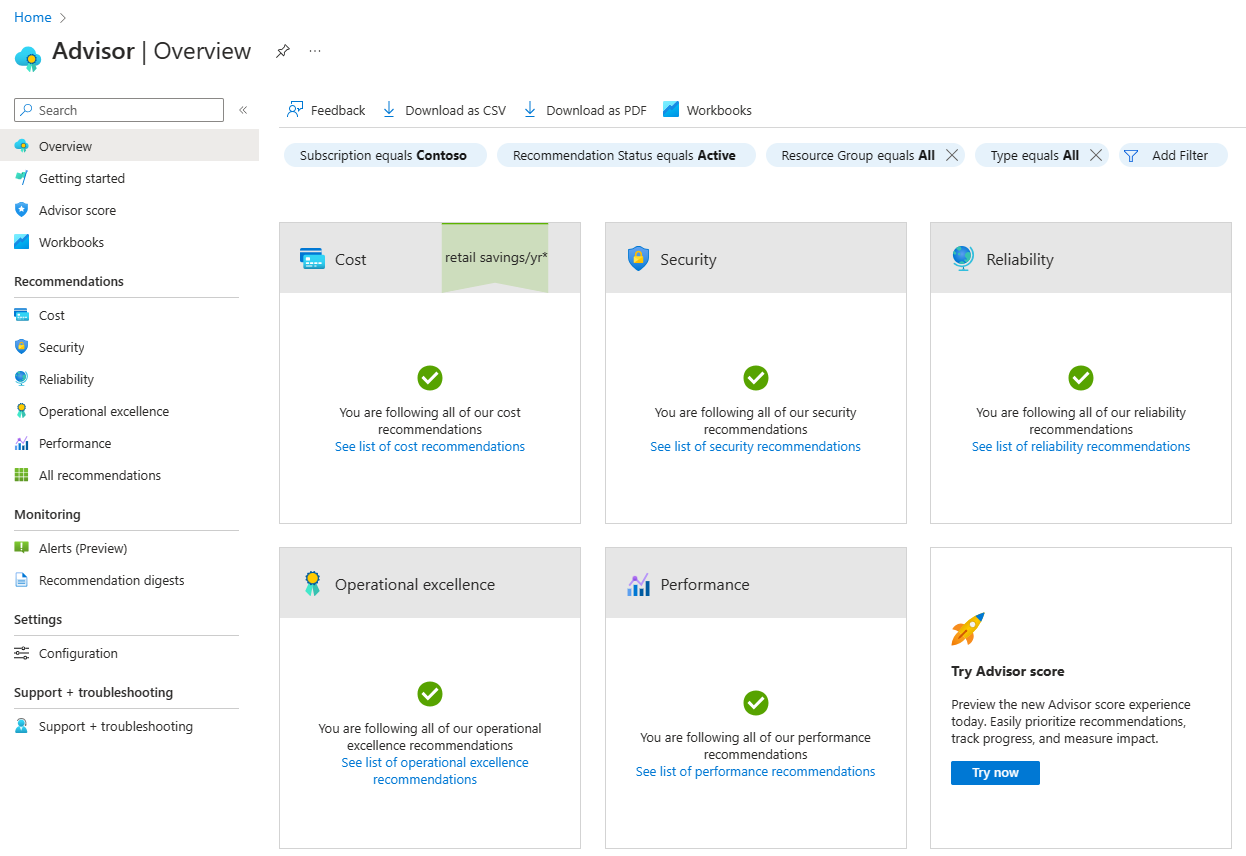 Screenshot of the Azure Advisor Overview page in the Azure portal.