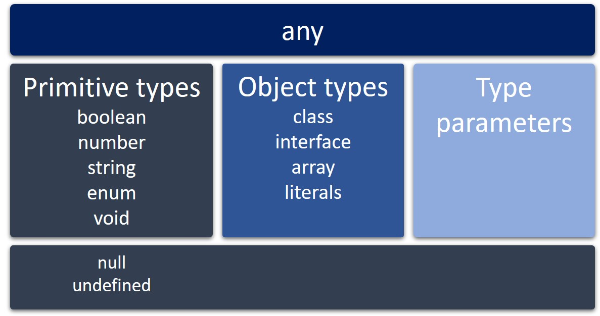 Type hierarchy with any as the top type, and primitive types, object types, and type parameters as subtypes. Primitive types null and undefined are subtypes of all other types.
