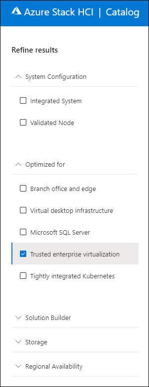 A screenshot of the Azure Stack HCI Catalog with **Trusted enterprise virtualization** selected as one of the search filtering criteria for integrated systems and validated nodes.