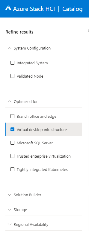 The screenshot depicts the Azure Stack HCI Catalog, with **Virtual desktop infrastructure** selected as one of the search filtering criteria for integrated systems and validated nodes.