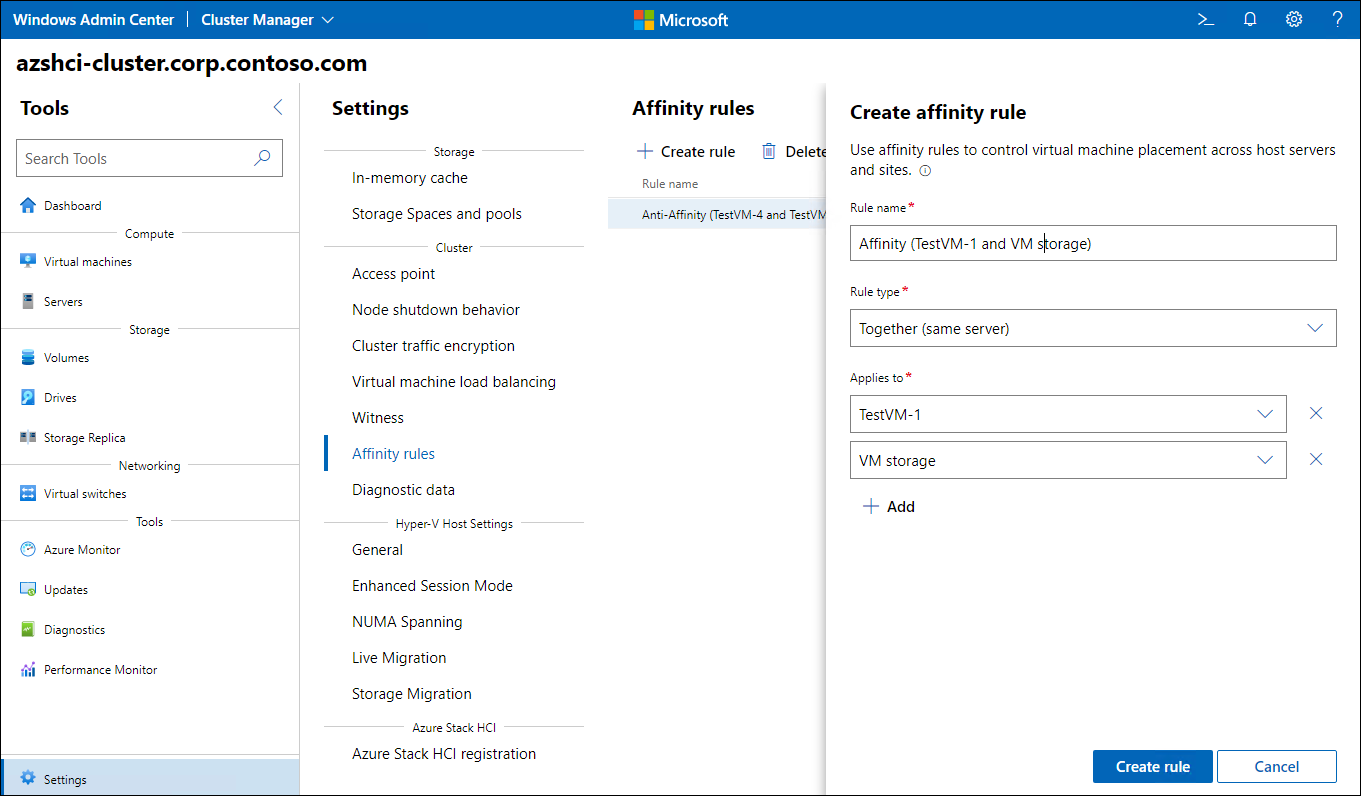 The screenshot depicts the **Create affinity rule** dialog box in Windows Admin Center, where you can create an affinity rule referencing one or more VMs and their storage. In Windows Admin Center, this rule type is referred to as **Together (same server)**.