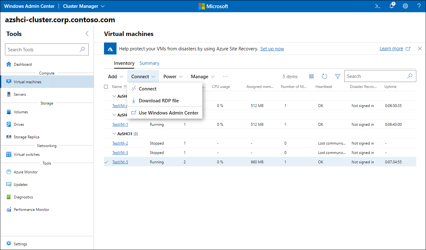 The screenshot depicts how to connect to a VM via VMConnect, in Windows Admin Center, after you've connected to the Azure Stack HCI cluster, browse to the **Inventory** tab of the **Virtual machines** pane. Then use the **Connect** menu item to initiate the console session directly within the browser window.