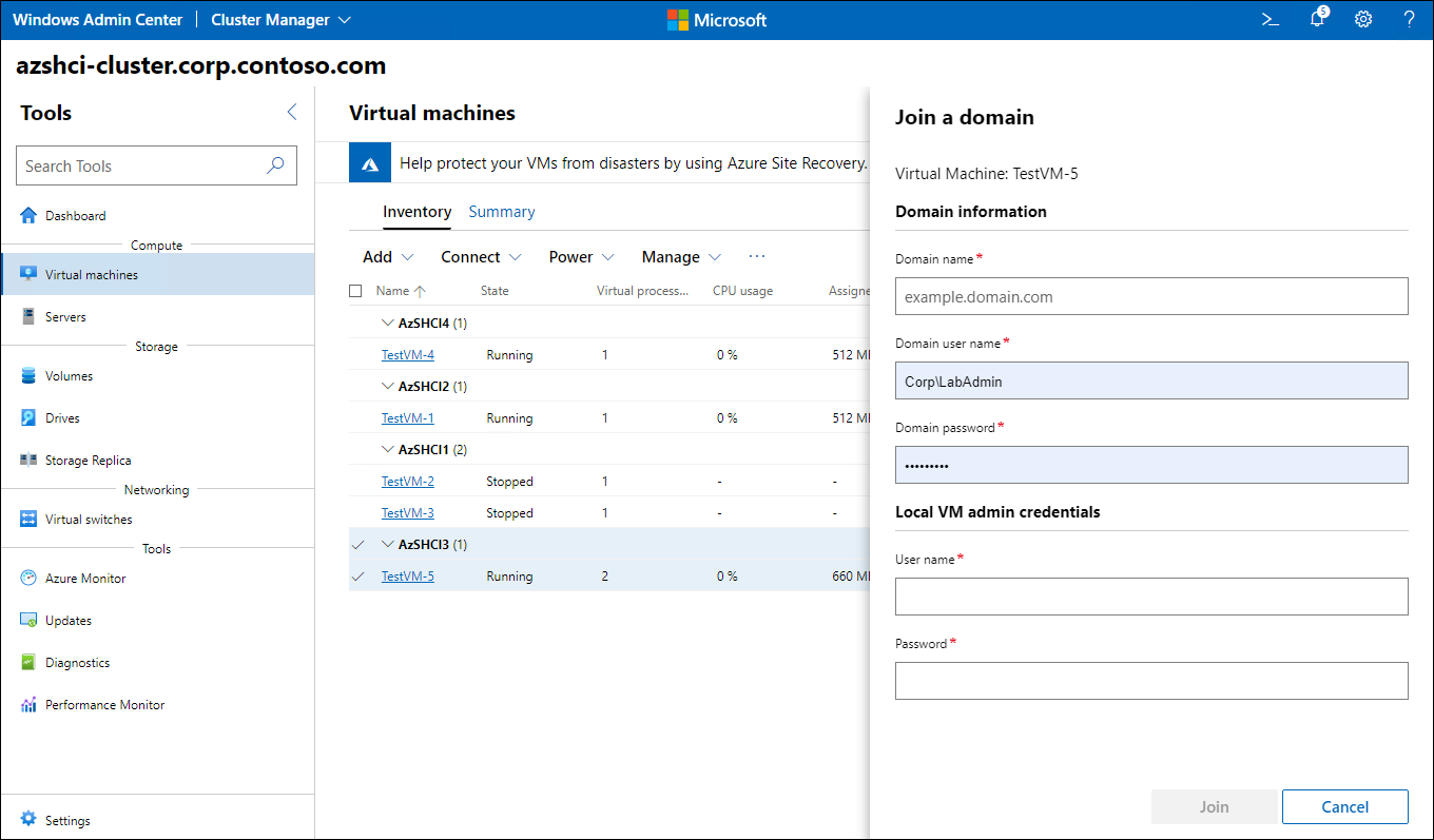 The screenshot depicts the **Join a domain** dialog box in Windows Admin Center. To join a VM to an AD DS domain directly from Windows Admin Center, you just need to provide the credentials of a user account with local administrative privileges, the credentials of a domain user account with the privileges sufficient to perform domain join, and the name of the target domain.