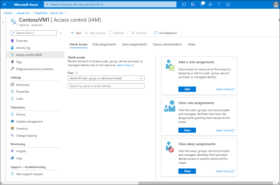 A screenshot of the Access control (IAM) page in the Azure portal, for the selected VM, ContosoVM1. The details pane has five tabs: Check access (selected), Role assignments, Deny assignments, Classic administrators, and Roles.