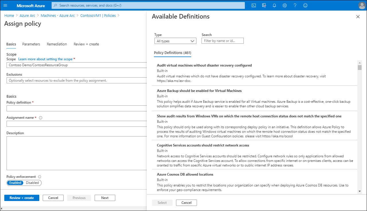 A screenshot of the Assign policy page in the Azure portal. The administrator is selecting from a list of available policies.