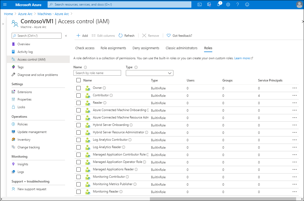 A screenshot of the Access control (IAM) page in the Azure portal for the selected VM: ContosoVM1. The details pane has five tabs: Check access, Role assignments, Deny assignments, Classic administrators, and Roles (selected). A list of roles displays.