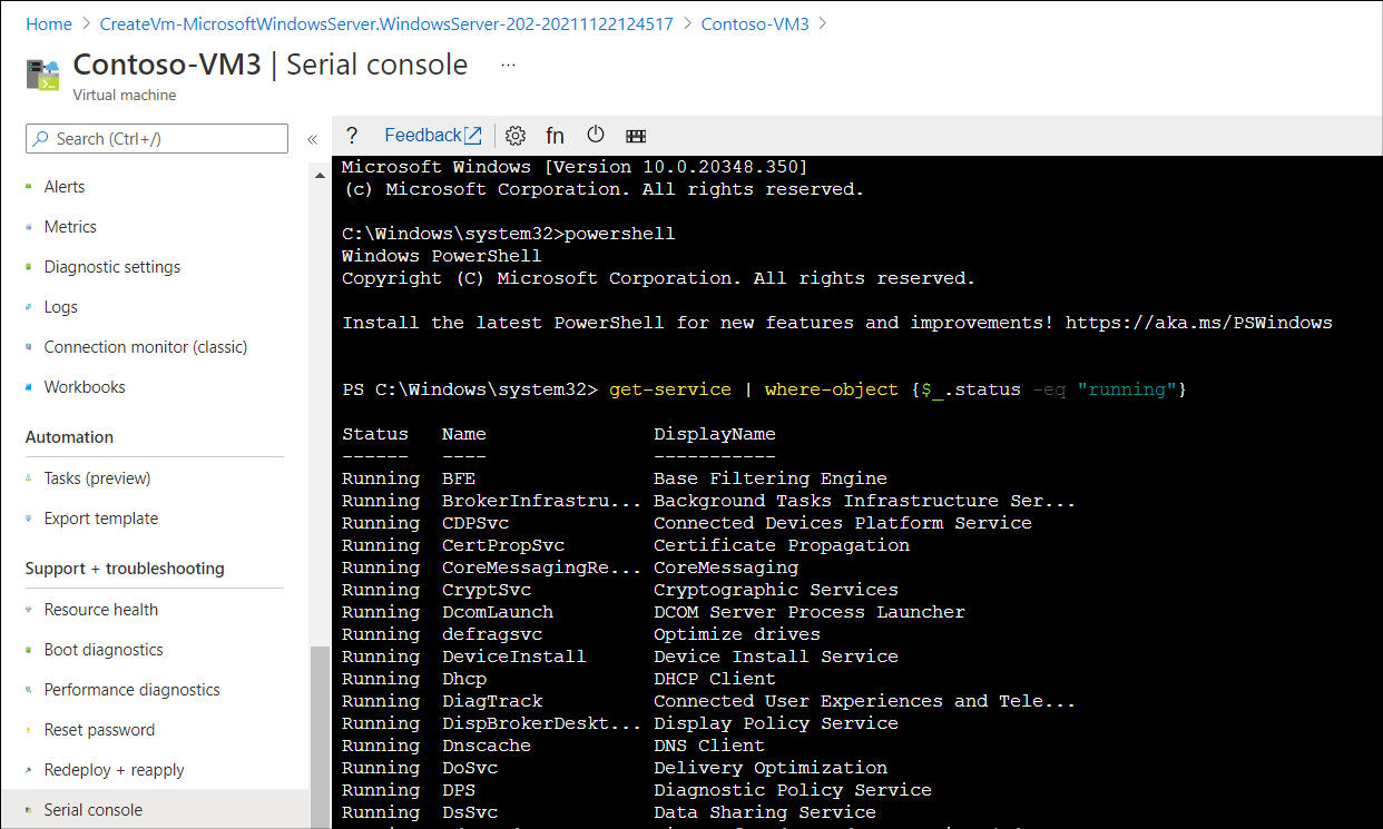 A screenshot displays the PowerShell prompt in the serial console for a Windows Server VM called Contoso-VM3. 