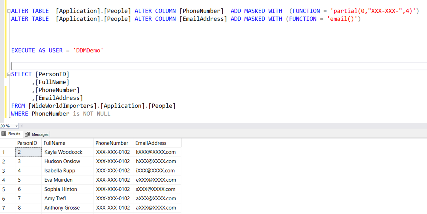 Screenshot of the dynamic data masking T-SQL commands.