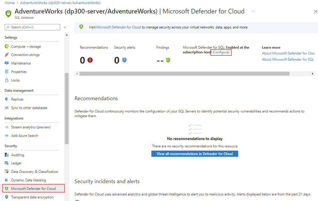 Screenshot of how to enable Microsoft Defender for SQL.