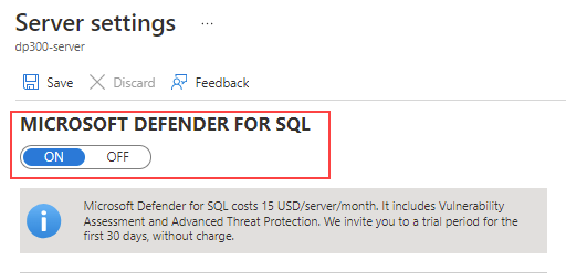 Screenshot of the server settings page to enable Microsoft Defender for SQL.