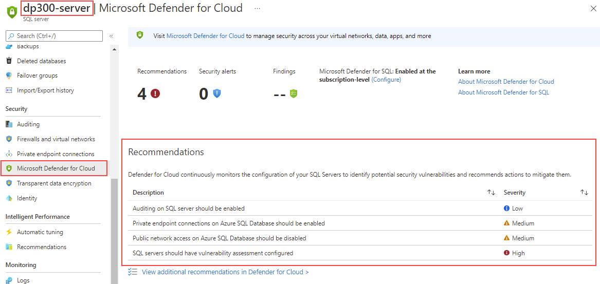 Screenshot of Microsoft Defender for SQL recommendations at the server level.