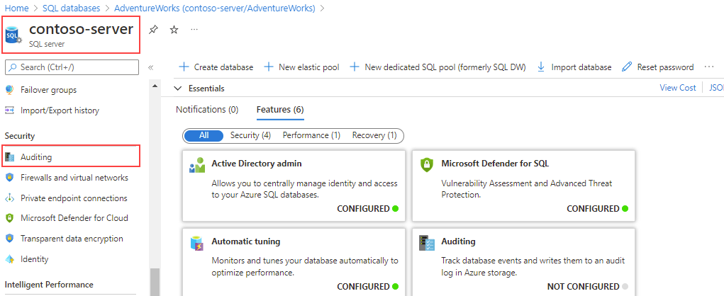 Screenshot of auditing option in the Security section of a SQL server.