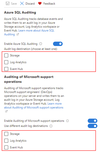 Screenshot of the Auditing page of a SQL server.