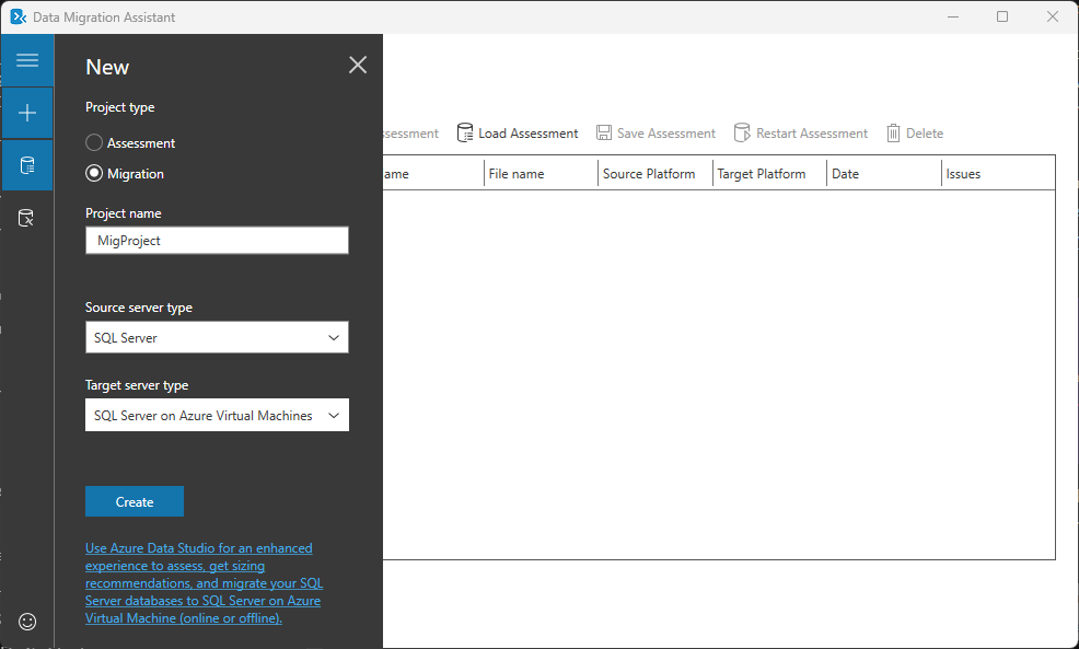 Screenshot of the Data Migration Assistant tool and a new migration project options.