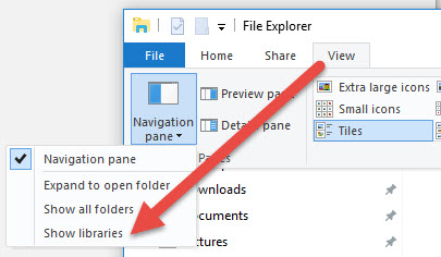 Screenshot showing how to display libraries in File Explorer.