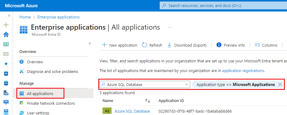 Screenshot of Azure SQL Database as a Microsoft Application in the Azure portal.