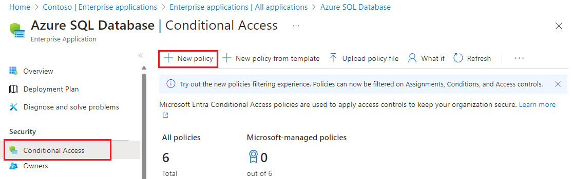 Screenshot of the Conditional Access page for Azure SQL Database in the Azure portal. 