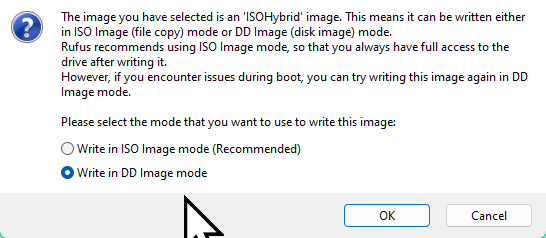 Screenshot of the DD image settings.