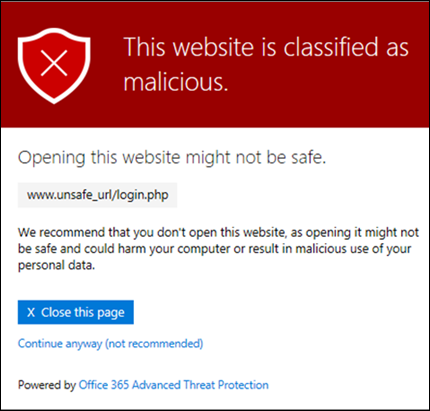 The warning that states that the website is classified as malicious