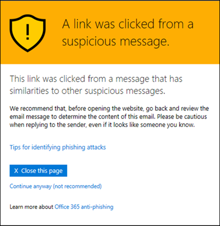 A link was clicked from a suspicious message warning