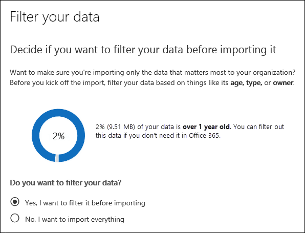The Filter your data page shows data insights of the PST files for the import job.