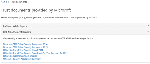 Shows the Service assurance page: Trust documents provided by Microsoft.