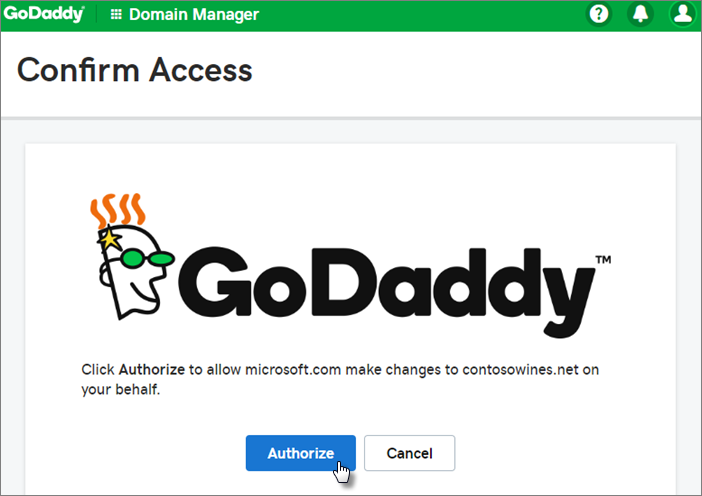 On GoDaddy Confirm Access page, select Authorize.