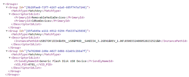 The configuration settings that allow specific approved USBs on devices