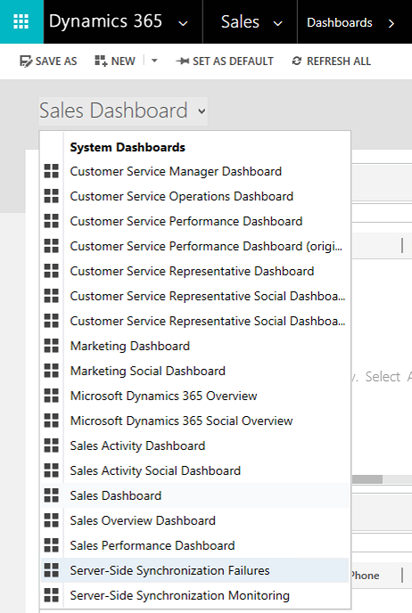 Screenshot to select the Server-Side Synchronization Failures dashboard from the dashboard list.