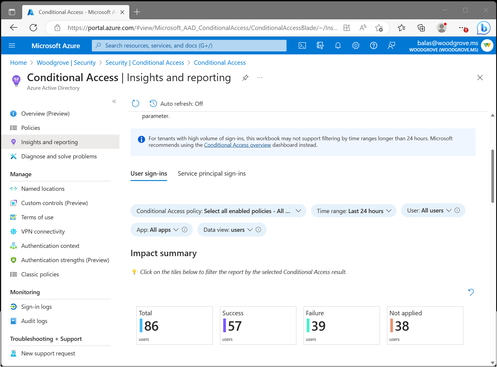 Conditional Access Insights and Reporting dashboard in the Azure portal