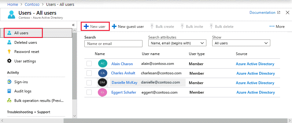 Add a user through Users - All users in Azure AD