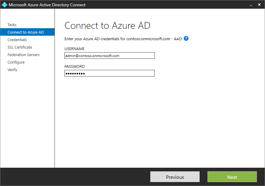 Screenshot that shows the "Connect to Azure AD" page with sample credentials entered.