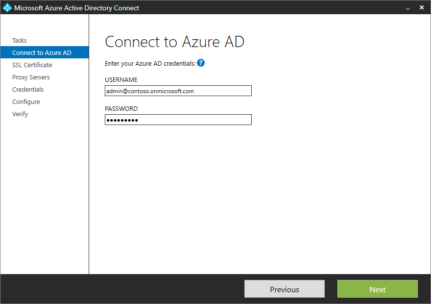 Screenshot that shows the "Connect to Azure AD" page with an example username and password entered.