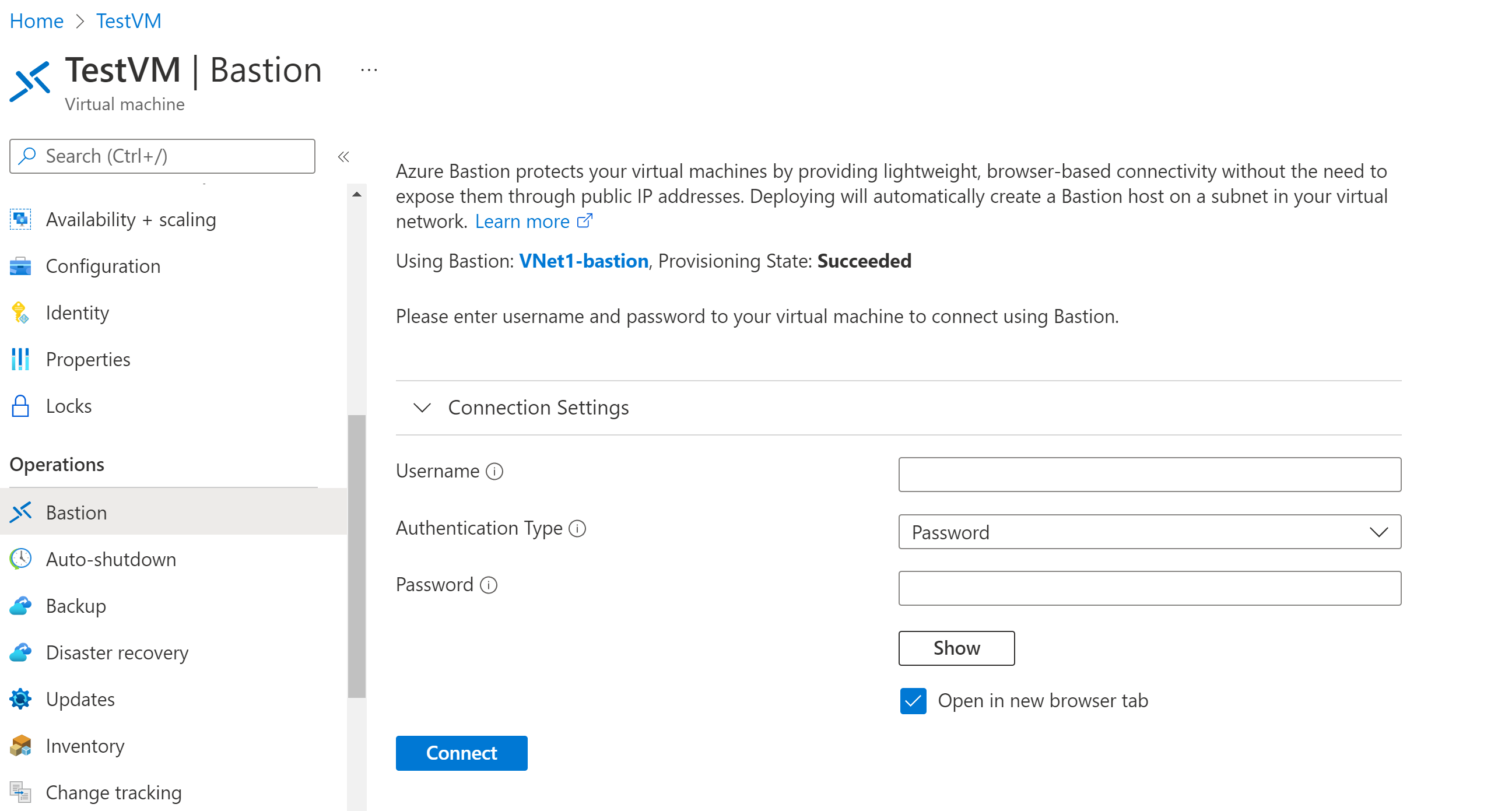 Screenshot of Azure Bastion connection settings.
