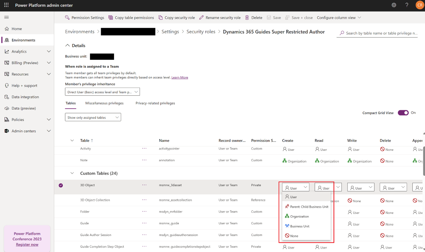 Screenshot of Power Platform admin center with Security Roles showing User permissions.
