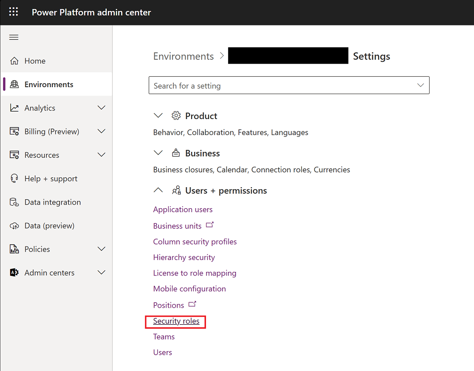 Screenshot of Power Platform admin center with Settings > Security Roles  highlighted.