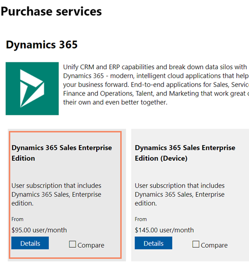 Pasirinkite plytelę Dynamics 365 Sales Enterprise.