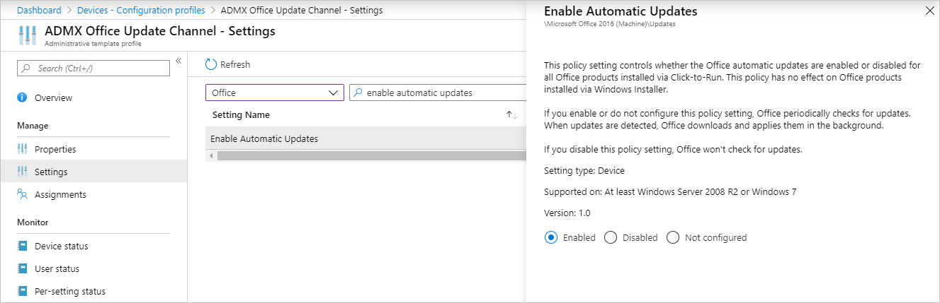 Screenshot that shows enabling Office automatic updates using an administrative template in Microsoft Intune.
